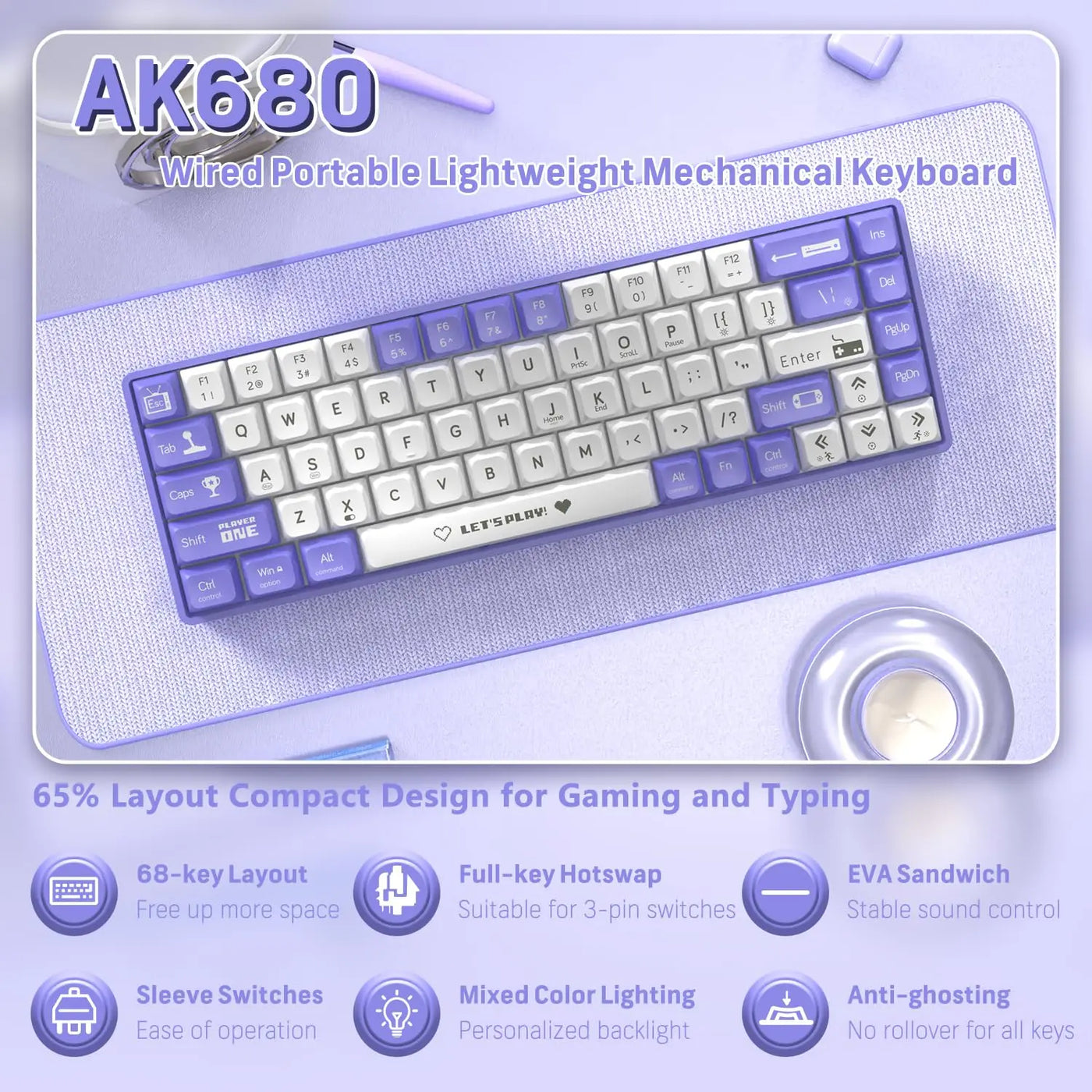 AK680 Teclado mecánico con cable, diseño compacto 60%, 68 teclas completas, retroiluminación RGB intercambiable en caliente, teclado para juegos para PC/portátil