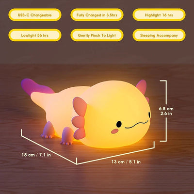 Ajolote Lámpara , Linda luz nocturna Axolotl, lámpara de silicona para dormir para guardería, luces nocturnas con Control táctil, lámpara de mesa recargable por USB para bebés y niños